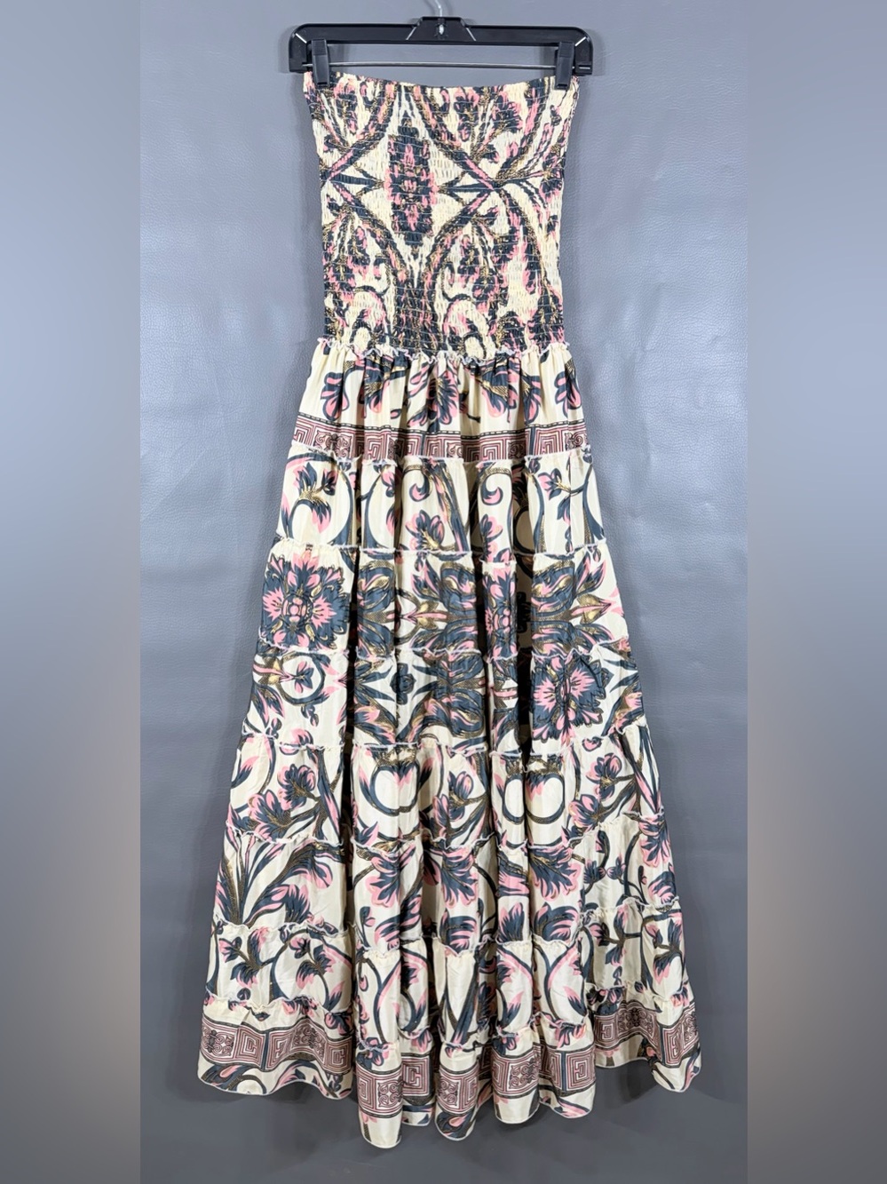 Boho Miami strapless maxi dress with pink, black, and beige floral and scrollwor